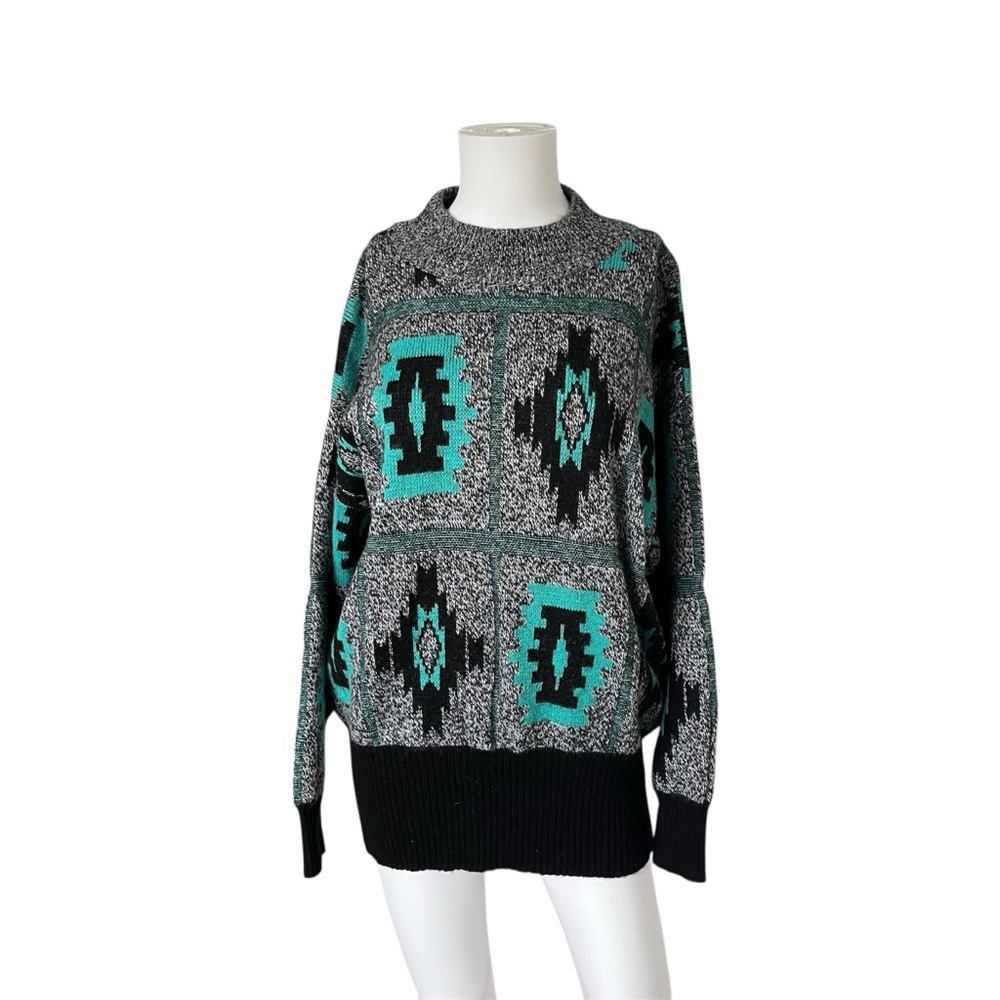 Vintage 80s Amita Sweater Teal Black Aztec Knit Wool Blend Size Large L